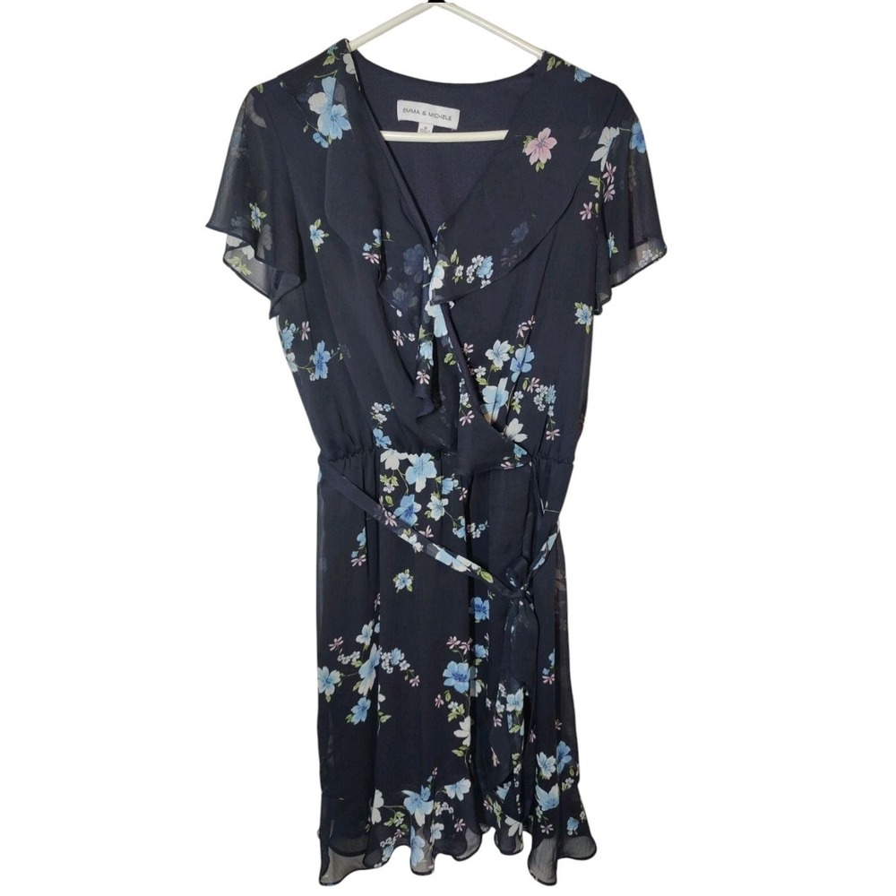 Emma & Michele Dark Blue Floral Ruffle V-Neck Anove-Knee Faux Wrap Dress 1X